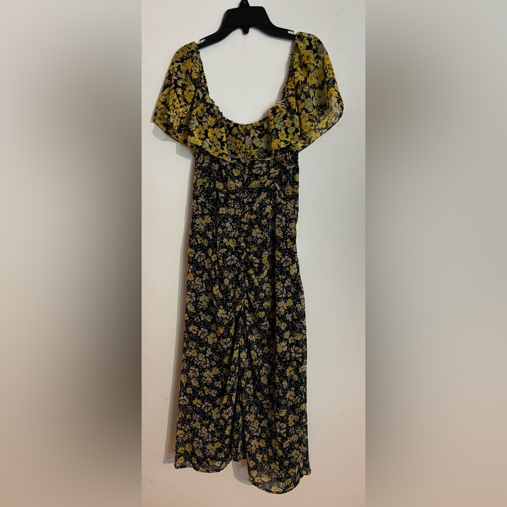 Zara Black Yellow Green Dark Floral Off the Shoulder Midi Flowy Dress size small